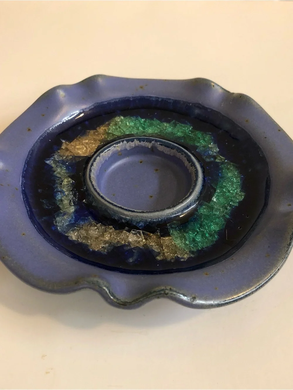 Pottery tea light votive candle holder Handcrafted  Crushed Glass